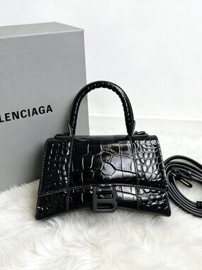 Balenciaga Hourglass XS Black Crocodile Embossed Handbag
